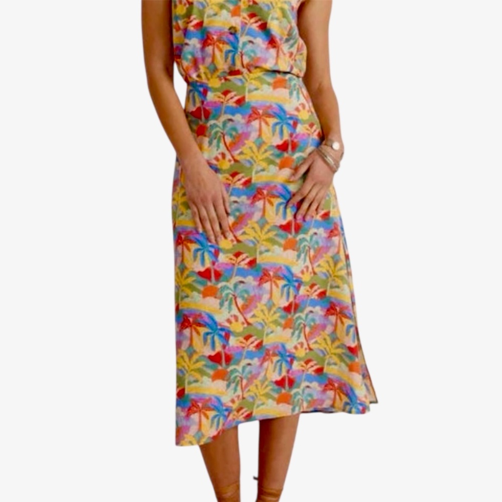 Marine Layer Ryan Midi Slip Skirt in Tropical Multi Palm Print, Size 6, NWT